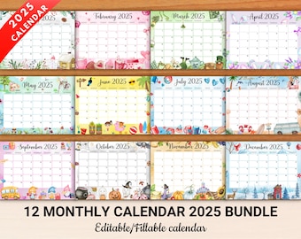 EDITABLE Monthly Calendar 2025, 12 Beautiful Printable Monthly Calendar 2025, Cute 2025 Planner for Home, School & Office, Instant Download