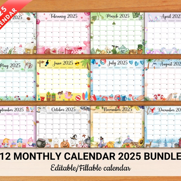 2025 Monthly Calendar Print at Home Etsy