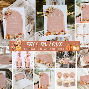 Fall in Love Bridal Shower Bundle, Fall Pumpkin Bridal Shower Invitation & Games, Boho Floral Autumn Bridal Shower, Editable Canva Template