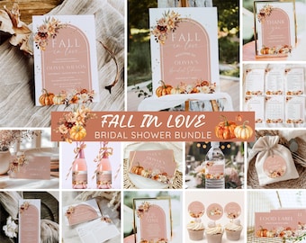Fall in Love Bridal Shower Bundle, Fall Pumpkin Bridal Shower Invitation & Games, Boho Floral Autumn Bridal Shower, Editable Canva Template