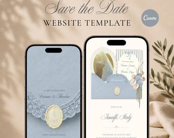 Dusty Blue Save the Date Wedding Website Template, Online RSVP Digital Wedding Invitation, Canva Editable, Instant Download