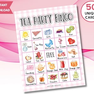 Printable Tea Party Bingo Game, 50 Unique Bingo Cards, High Tea Activity for Women Lady Kids, Birthday Bridal Shower Bingo, Instant Download