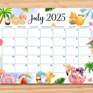 Bearbeitbarer Juli 2025 Kalender, Sommerplaner mit süßen Strandzwergen, druckbarer Monatskalender für Kinder Schulhausarbeit, sofortiger Download