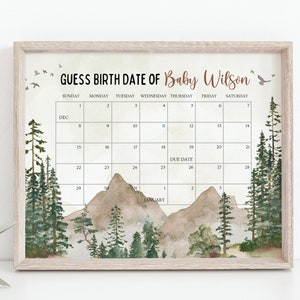 Che l'avventura abbia inizio Calendario delle date di scadenza del bambino, Calendario baby shower nel bosco, Previsioni di compleanno di Pine Trees Mountain, Verde, Modificabile