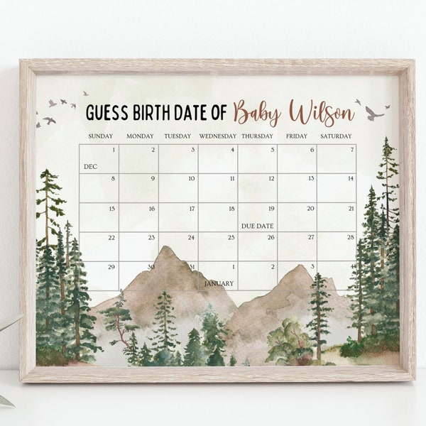 Let the Adventure Begin Baby Due Date Calendar, Woodland Baby Shower Calendar, Pine Trees Mountain Birthday Predictions, Greenery, Editable