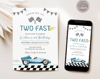 Editable TWO Fast Birthday Invitation, Electronic Race Car 2nd Birthday Invite, Racing Car Vintage Racecar, Printable, Canva Template