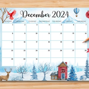 EDITABLE December 2024 Calendar, Beautiful Winter in a Highland with Reindeer & Red Bird, Printable Fillable Month Planner, Instant Download