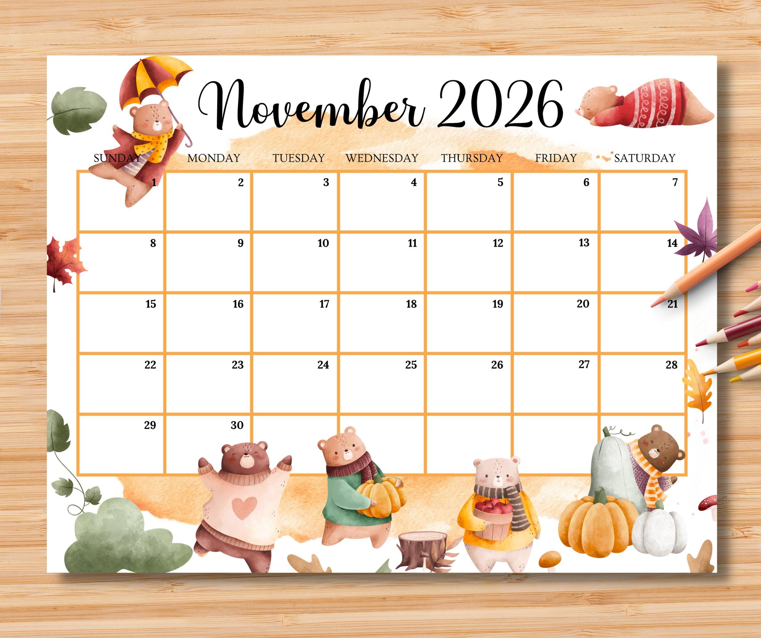 November 2026 Calendar Cute Desk Planner Size 1 EDITABLE November 2026 Calendar | Monthly Planner for Kids ...
