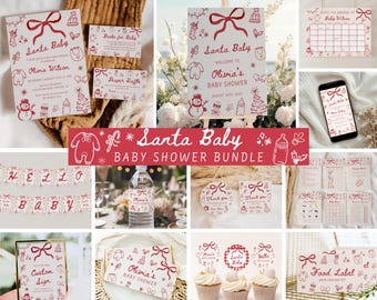 May include: A selection of baby shower decorations with a red and white Santa Baby theme. Includes invitations, a welcome sign, banner, and cupcake toppers. The designs feature festive illustrations of baby clothes, bows, and snowmen.