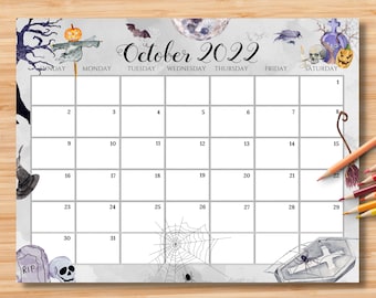 editable october 2022 calendar spooky halloween printable etsy
