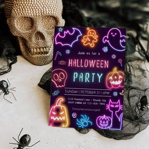 Neon-Halloween-Party-Einladung, bearbeitbare Halloween-Party einladen, gruselige Geister-Party einladen, Sofort-Download, digitales Evite, Canva-Vorlage