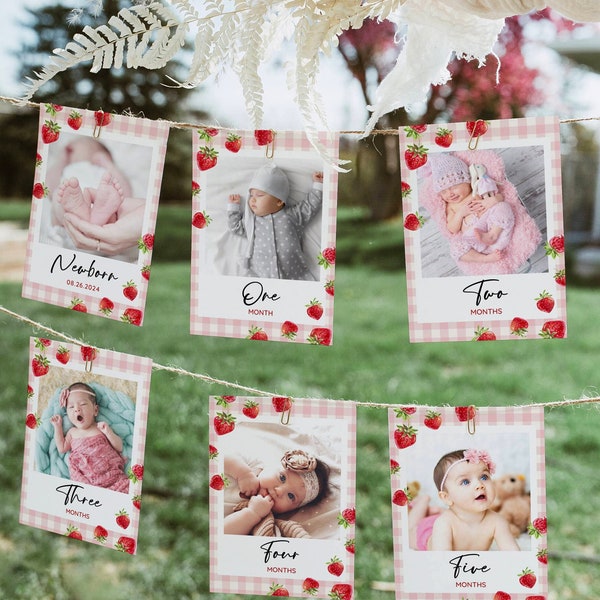Editable Pink Gingham Strawberry Monthly Milestone Photo Cards, Berry Birthday Banner Birthday Decoration, Printable, Instant Download