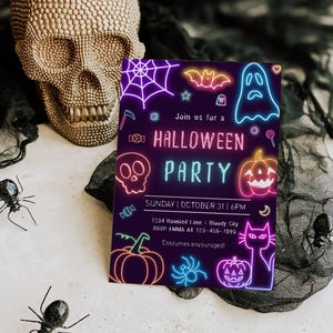 Neon-Halloween-Party-Einladung, bearbeitbare Halloween-Party einladen, gruselige Geister-Party einladen, Sofort-Download, digitales Evite, Canva-Vorlage
