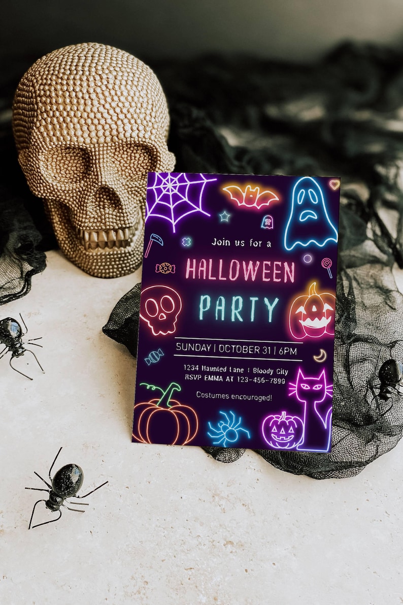 May include: A Halloween party invitation with neon-style graphics of a spiderweb, bat, ghost, skull, pumpkin, and cat. The invitation reads "Join us for a Halloween Party" with event details. A decorative skull and spiders are in the background.