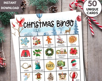 May include: A Christmas Bingo card with 25 squares featuring various Christmas-themed images, including a gingerbread man, penguins, a poinsettia, a snowman, and a Christmas bag. The card has the words "Christmas Bingo" at the top.