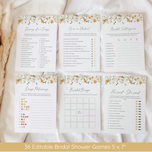 Puede incluir: Conjunto de 36 juegos de ducha nupcial imprimibles con dise&ntilde;os florales. Los juegos incluyen Disney Love Songs, Overs or Under, Bridal Scattergories, Emoji Pictionary, Bridal Bingo y He Said-She Said. Cada juego mide 12,7 cm por 17,8 cm.