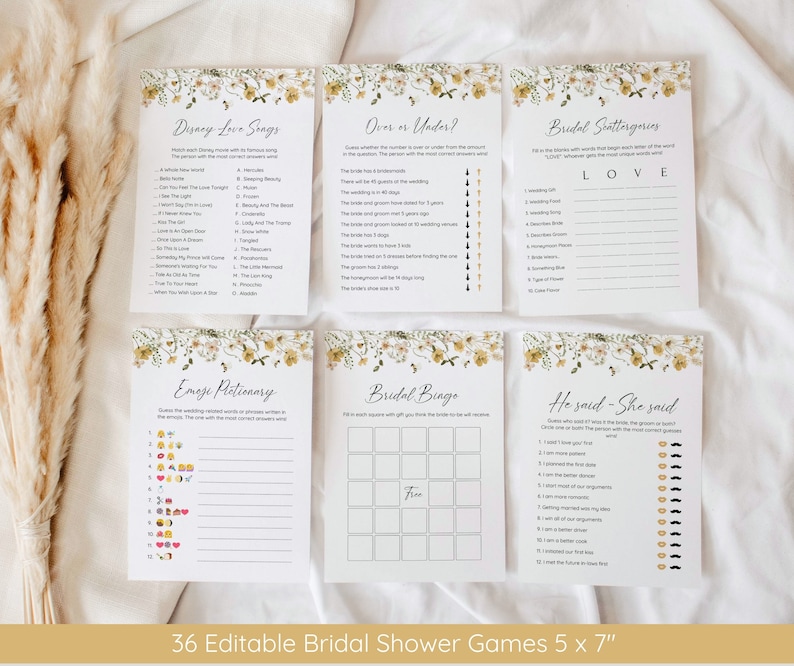 Puede incluir: Conjunto de 36 juegos de ducha nupcial imprimibles con dise&ntilde;os florales. Los juegos incluyen Disney Love Songs, Overs or Under, Bridal Scattergories, Emoji Pictionary, Bridal Bingo y He Said-She Said. Cada juego mide 12,7 cm por 17,8 cm.