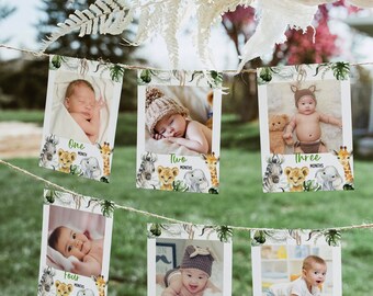 Safari monthly photo banner, Babys first year photos, Milestone banner, Jungle 1st birthday decorations, Editable 12 month banner, Wild One