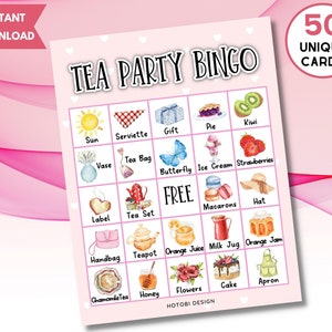 Printable Tea Party Bingo Game, 50 Unique Bingo Cards, High Tea Activity for Women Lady Kids, Birthday Bridal Shower Bingo, Instant Download