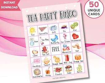 Printable Tea Party Bingo Game, 50 Unique Bingo Cards, High Tea Activity for Women Lady Kids, Birthday Bridal Shower Bingo, Instant Download