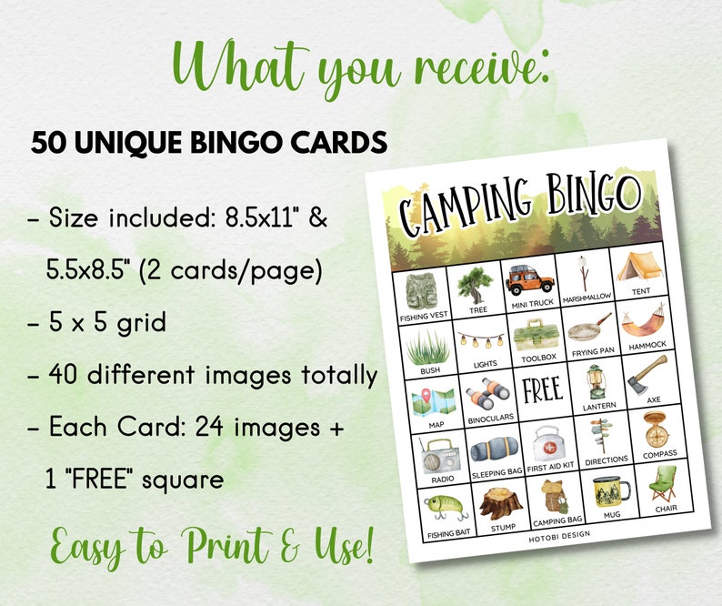 Printable Camping Bingo Game, 50 Unique Bingo Cards W/labels, Camping ...