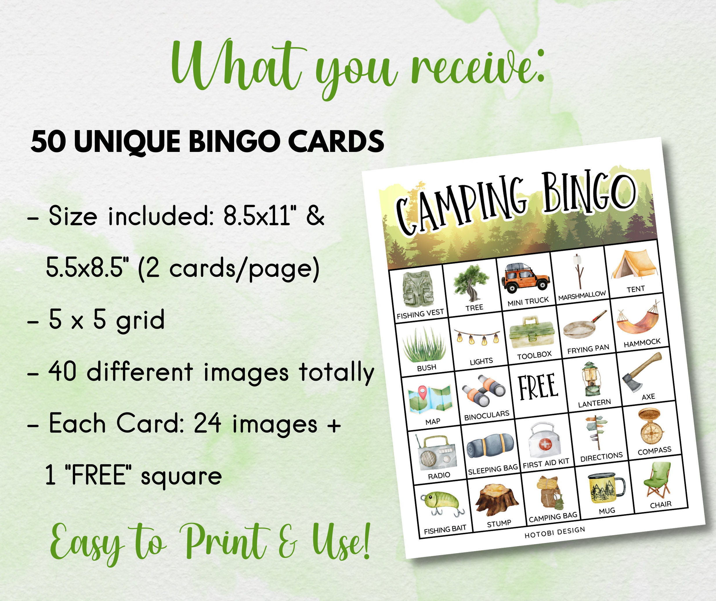 Printable Camping Bingo Game, 50 Unique Bingo Cards W/labels, Camping ...