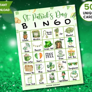 Jogo de bingo do dia de São Patrício, 50 cartões de bingo exclusivos com rótulos, atividade do dia de São Patrício para crianças, adolescentes e adultos, download instantâneo, para impressão