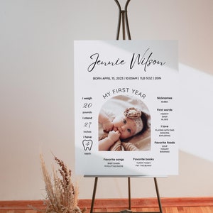 EDITABLE First Birthday Milestone Sign, Modern 1st Birthday Milestone Poster, Minimalist One Year Photo Baby Milestone Board, Canva Template