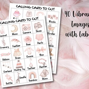 Puede incluir: Dos hojas imprimibles de tarjetas de llamada con im&aacute;genes y etiquetas para un baby shower o una guarder&iacute;a. Las tarjetas presentan im&aacute;genes de una cuna, una luna, una c&aacute;mara, zapatos, un cochecito, vegetaci&oacute;n, una pluma, una rosa, pantalones, un m&oacute;vil, una cinta, un vestido, un mono, un lazo, una guirnalda, un juguete apilable, un mordedor, un chupete, un sonajero, una jirafa, un arco&iacute;ris y un rinoceronte.