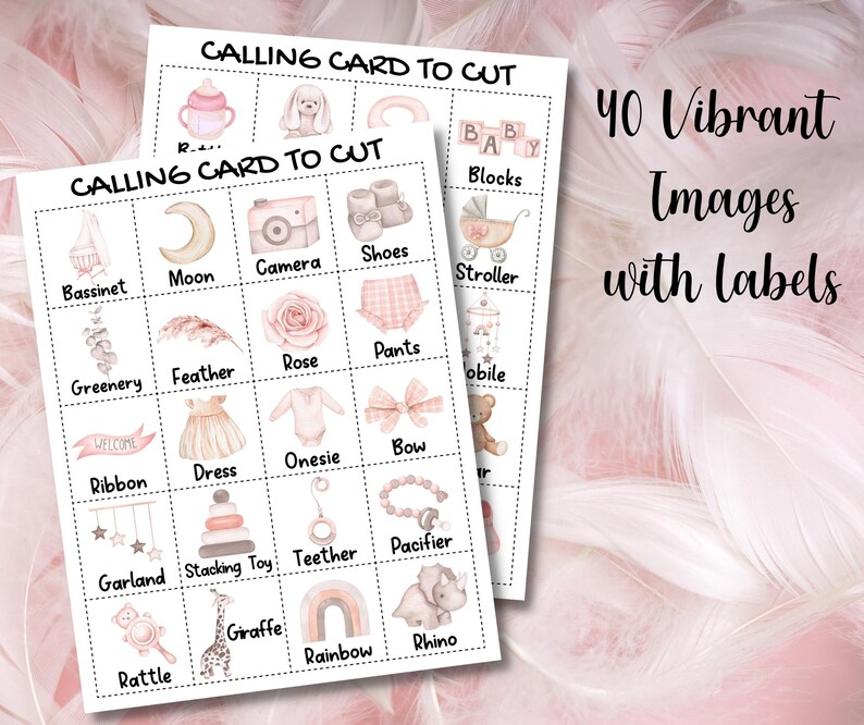 Puede incluir: Dos hojas imprimibles de tarjetas de llamada con im&aacute;genes y etiquetas para un baby shower o una guarder&iacute;a. Las tarjetas presentan im&aacute;genes de una cuna, una luna, una c&aacute;mara, zapatos, un cochecito, vegetaci&oacute;n, una pluma, una rosa, pantalones, un m&oacute;vil, una cinta, un vestido, un mono, un lazo, una guirnalda, un juguete apilable, un mordedor, un chupete, un sonajero, una jirafa, un arco&iacute;ris y un rinoceronte.