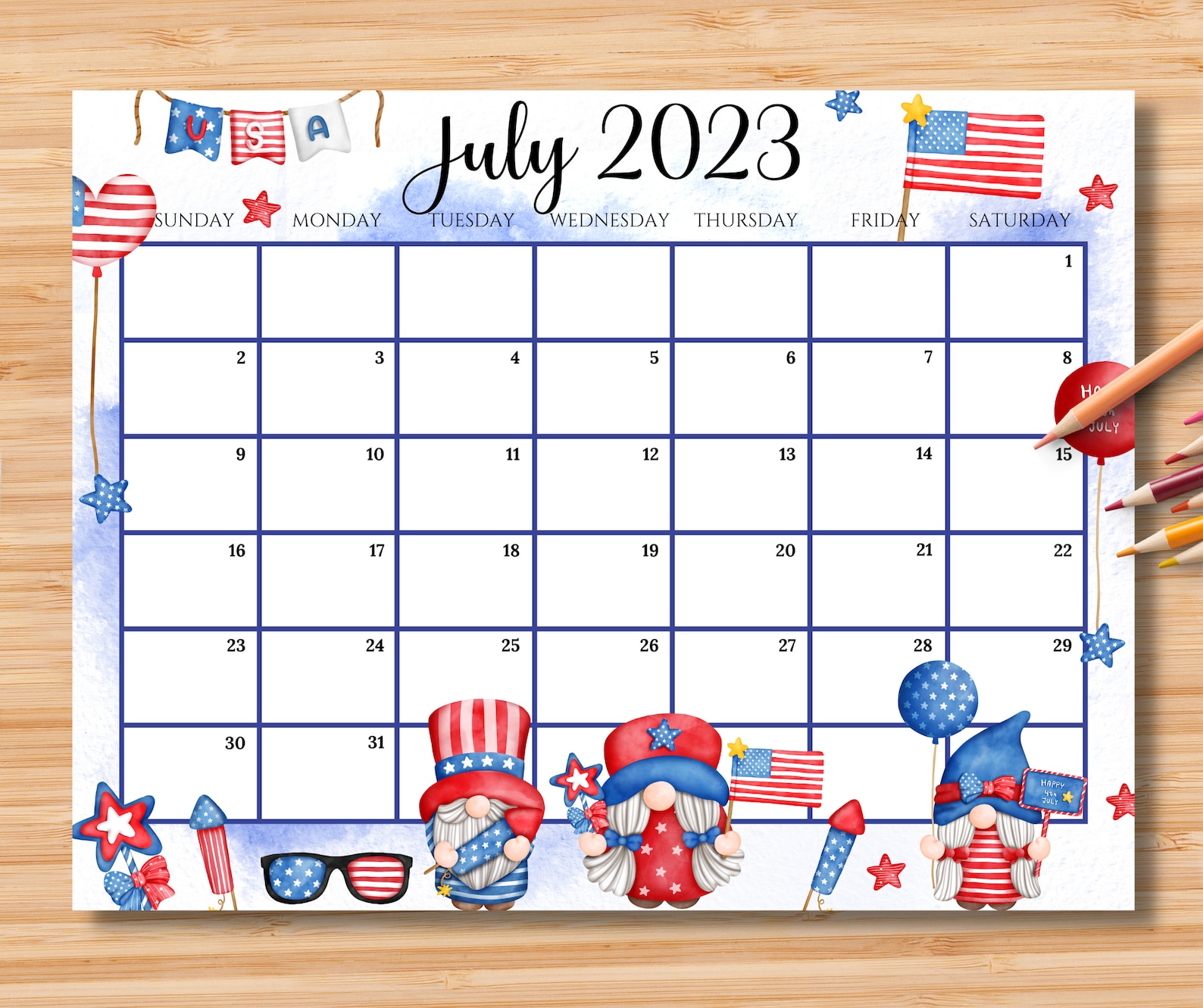 Editable July 2023 Calendar 4th July Independence Day With Etsy Singapore