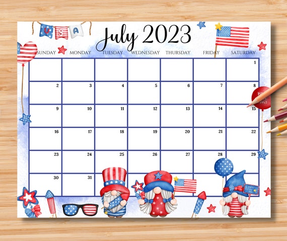 Editable July 2023 Calendar 4th July Independence Day With Etsy