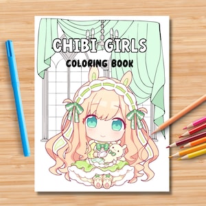 32 枚の印刷可能なちびガールぬり絵ページ (子供、ティーン、大人向け)、かわいいアニメぬり絵、ストレス解消とリラクゼーションのためのかわいいぬり絵