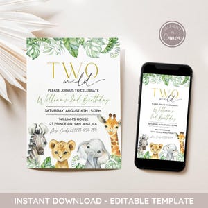 Editable Two Wild Invitation, Safari Birthday Party Invite, Jungle Animal Invitation, 2nd Birthday Invitation, Printable, Canva Template