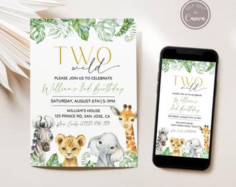 Invito modificabile Two Wild, invito festa di compleanno safari, invito animali della giungla, invito 2° compleanno, stampabile, modello Canva
