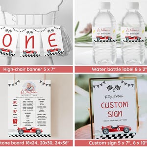 Puede incluir: Decoraciones para fiestas con tem&aacute;tica de carreras. Incluye una pancarta para trona, etiquetas para botellas de agua, un tablero de hitos y un letrero personalizado. Las decoraciones presentan un coche de carreras rojo y banderas a cuadros.