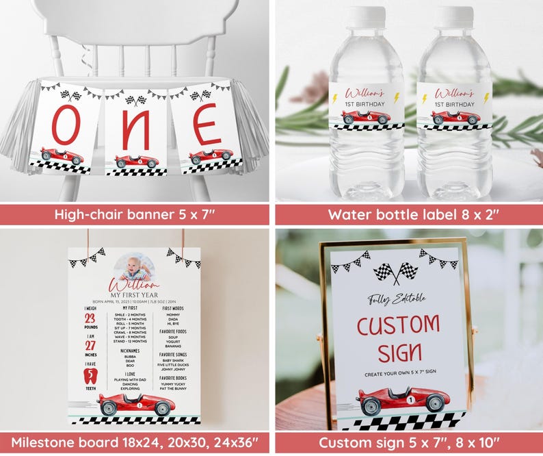 Puede incluir: Decoraciones para fiestas con tem&aacute;tica de carreras. Incluye una pancarta para trona, etiquetas para botellas de agua, un tablero de hitos y un letrero personalizado. Las decoraciones presentan un coche de carreras rojo y banderas a cuadros.