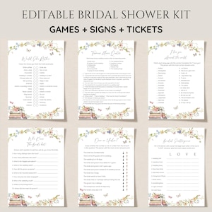 Könnte beinhalten: Ein editierbares Brautparty-Set mit Spielen, Schildern und Tickets. Das Set enthält Spielkarten mit floralen und Schmetterlingsmotiven, wie "Would She Rather" und "I Love You Around the World". Der Text ist in einer zarten, femininen Schriftart.