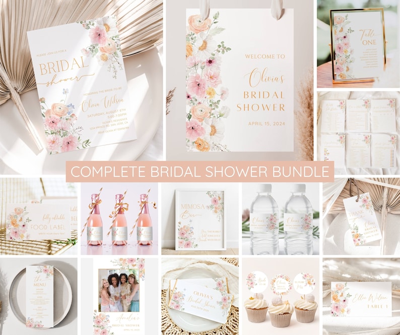 Op de afbeelding: Een complete bruidsdouchebundel met een bloemenmotief. De bundel bevat uitnodigingen, voedsellabels, waterfleslabels, een welkomstbord, een tafelnummerbord, een menu, een bord voor een mimosa-bar, cupcaketoppers en een bord voor een cadeautafel. Het bloemenontwerp heeft roze en perzikkleurige bloemen met groene bladeren.