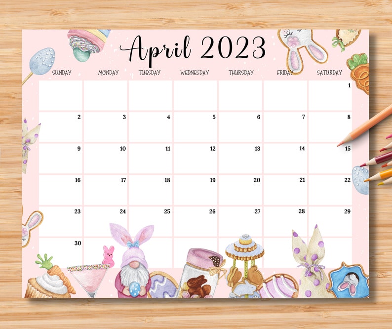 Editable April 2023 Calendar Happy Easter Day With Cute Gnome Etsy