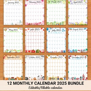 EDITABLE Vertical/Portrait Monthly Calendar 2025 Bundle, Printable Calendar 2025 for Kids School Home & Work, Editable PDF, Digital Download