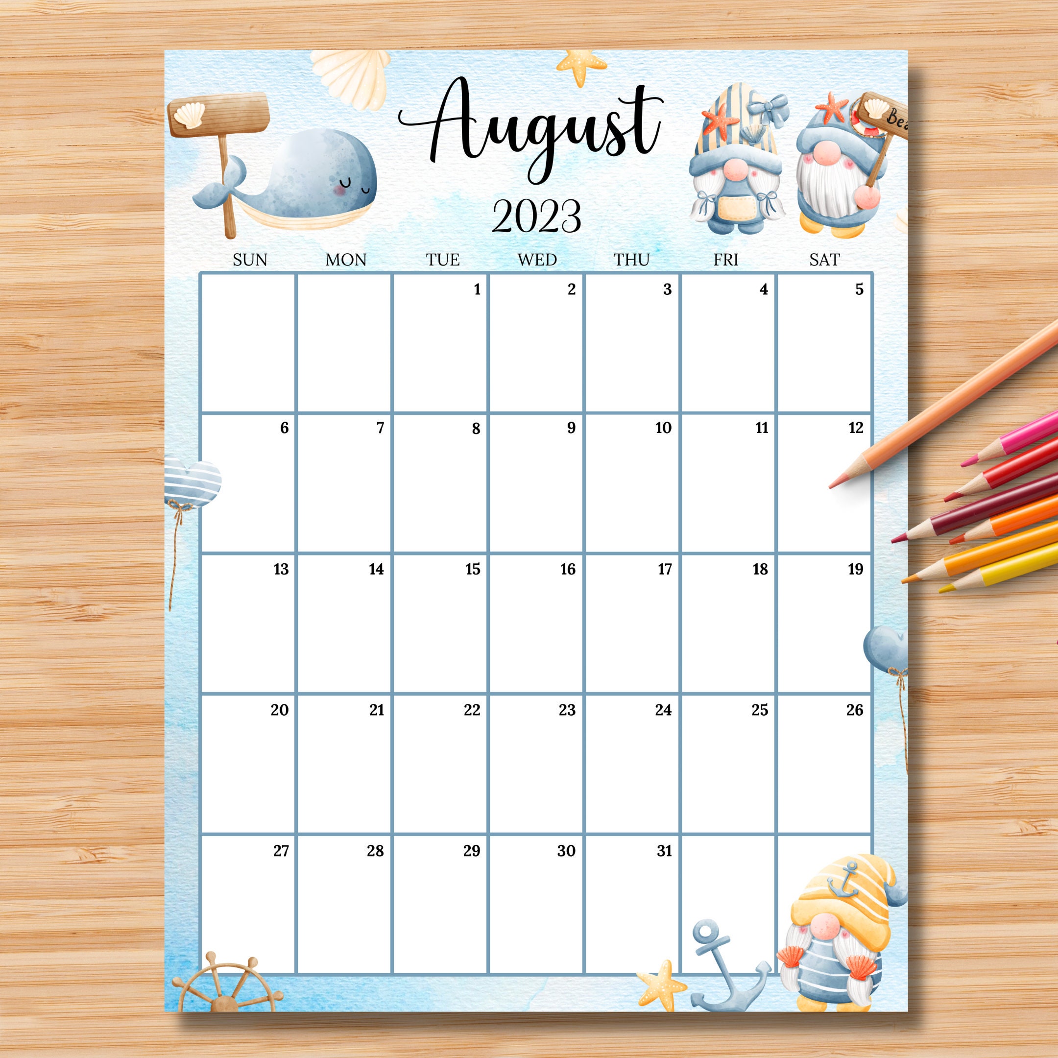 EDITABLE August 2023 Calendar vertical/portrait Cute Summer Etsy Canada