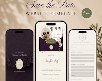 Plum and Olive Green Save the Date Website Template, Digital Wedding Invitation with RSVP, Paperless Canva Text Invite, Instant Download