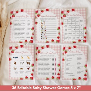 May include: A set of 36 printable baby shower games featuring a strawberry theme. The games include "Celebrity Baby Names", "Baby's Book Dictionary", "Find the Guest Bingo", "Animal Gestation", "Mom Said - Dad Said", and "Cartoon Moms".