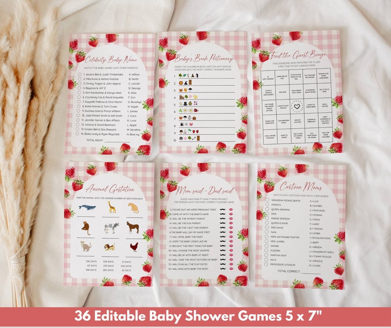 May include: A set of 36 printable baby shower games featuring a strawberry theme. The games include "Celebrity Baby Names", "Baby's Book Dictionary", "Find the Guest Bingo", "Animal Gestation", "Mom Said - Dad Said", and "Cartoon Moms".