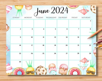 BEWERKBARE kalender juni 2024, fijne zomer met zoete drankjes en desserts, afdrukbare maandelijkse klaskalenderplanner, kinderschoolschema
