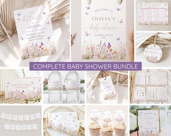 Butterfly Baby Shower Invitation Bundle, Editable Pink Butterfly Invite & Games, Girl Baby Shower Decor, Wildflower Floral, Canva Template