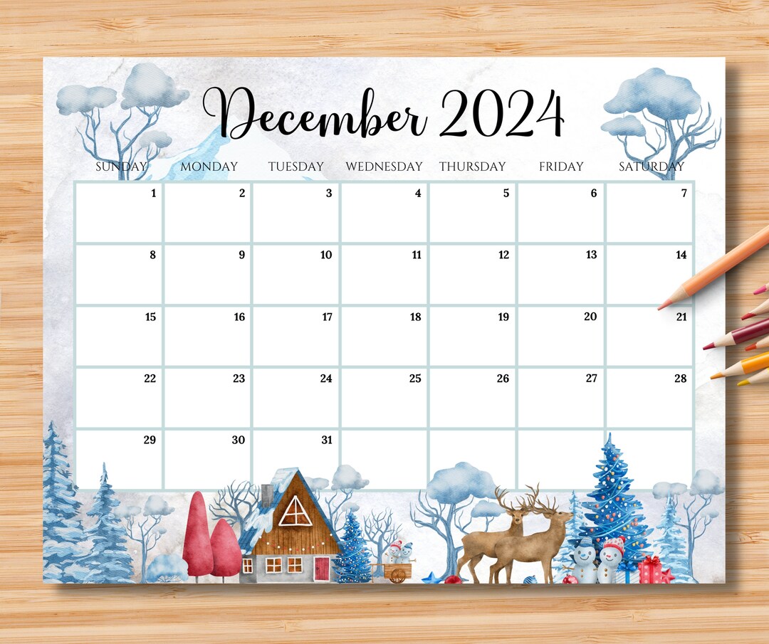 EDITABLE December 2024 Calendar, Beautiful Winter in a Highland With