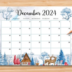 EDITABLE December 2024 Calendar, Beautiful Winter in a Highland with Reindeers & Snowman, Printable Fillable Month Planner, Instant Download