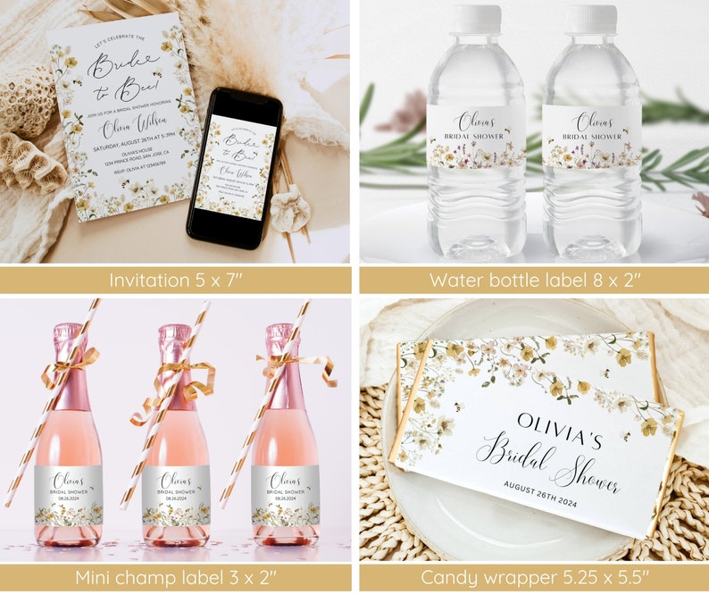 Puede incluir: Un conjunto de decoraciones imprimibles para una fiesta de despedida de soltera con un dise&ntilde;o floral con flores blancas y amarillas. El conjunto incluye una invitaci&oacute;n, etiquetas para botellas de agua, etiquetas para mini botellas de champ&aacute;n y envoltorios para barras de caramelo. La invitaci&oacute;n mide 12,7 cm por 17,8 cm, las etiquetas para botellas de agua miden 20,3 cm por 5,1 cm, las etiquetas para mini botellas de champ&aacute;n miden 7,6 cm por 5,1 cm y los envoltorios para barras de caramelo miden 13,3 cm por 14 cm.